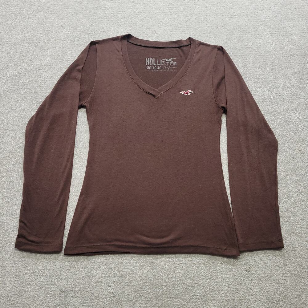 Hollister Womens One Size Unitalla Brown V Neck Long Sleeve Shirt Logo Y2K